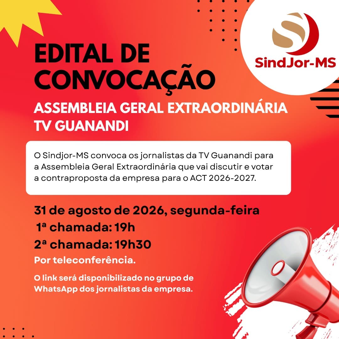 SindJor-MS convoca os jornalistas da TV Guanandi para a assembleia geral extraordinária na próxima segunda-feira