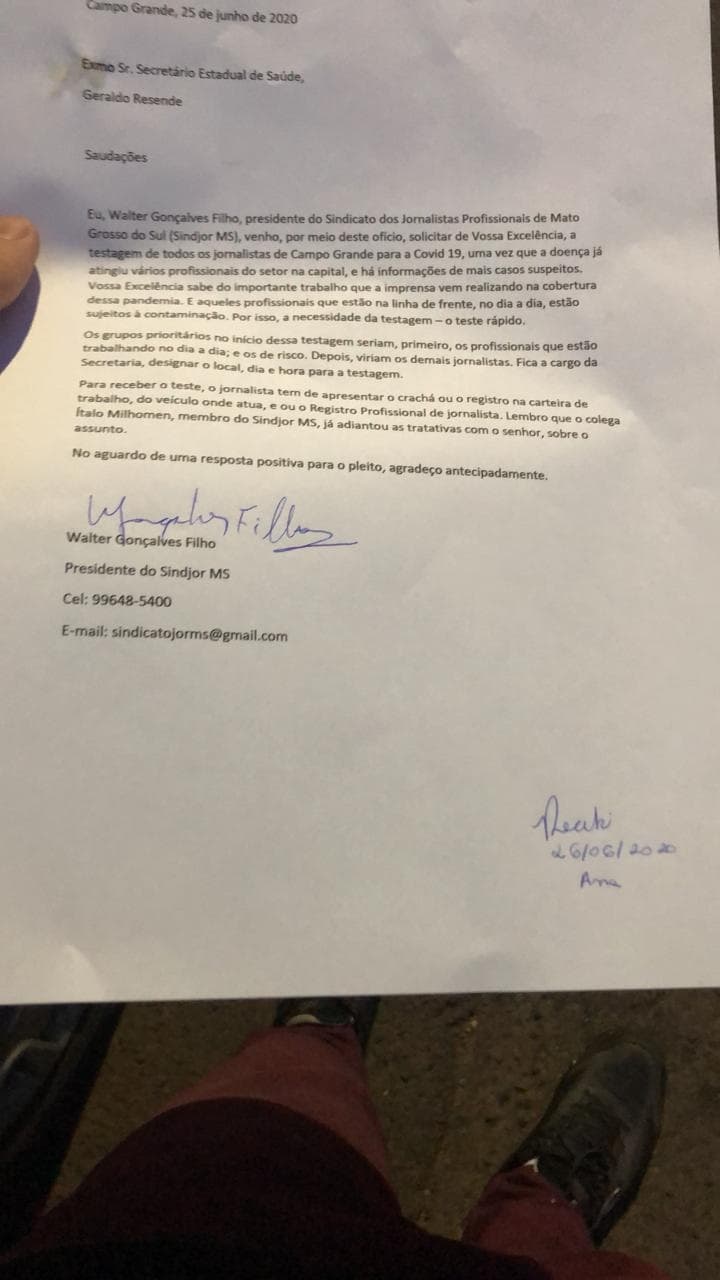 A PEDIDO DO SINDJOR-MS, SAÚDE DO ESTADO IRÁ TESTAR JORNALISTAS DE CAMPO GRANDE