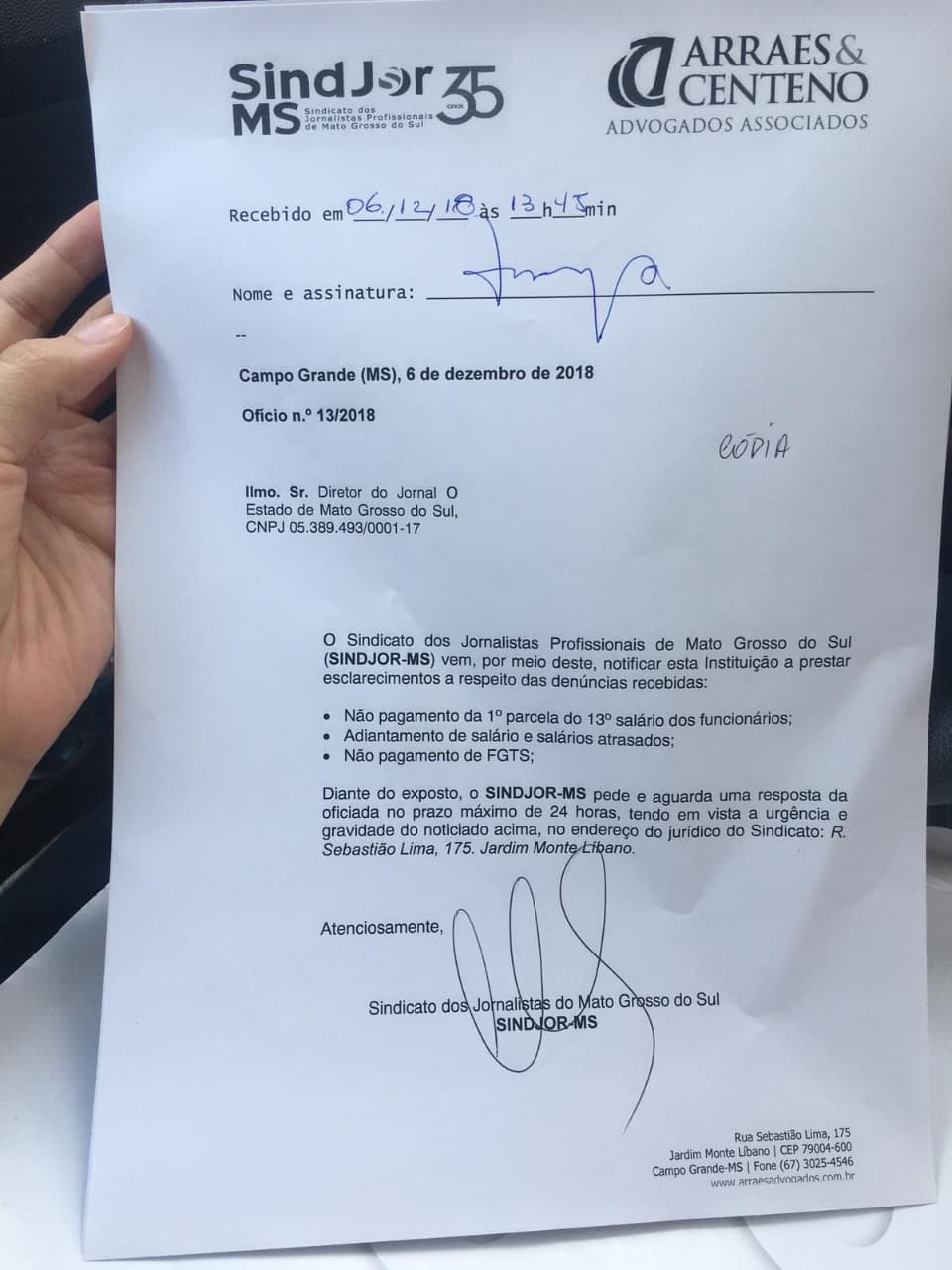 Sindjor-MS notifica jornal O Estado MS por irregularidades nos salários