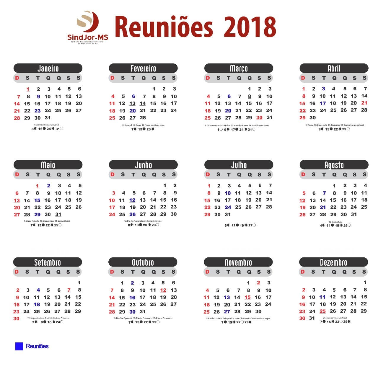 Confira o calendário das reuniões do Sindjor-MS em 2018
