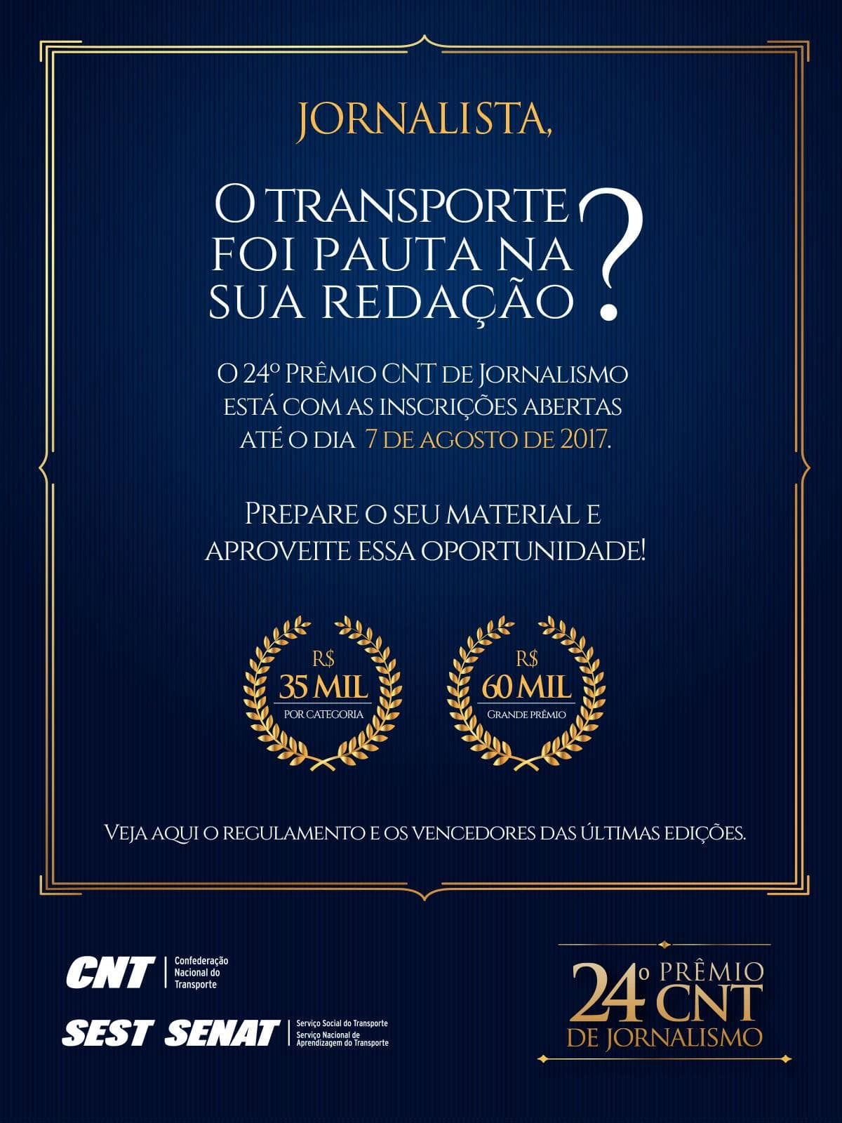Abertas inscrições para a 24ª edição do Prêmio CNT de Jornalismo