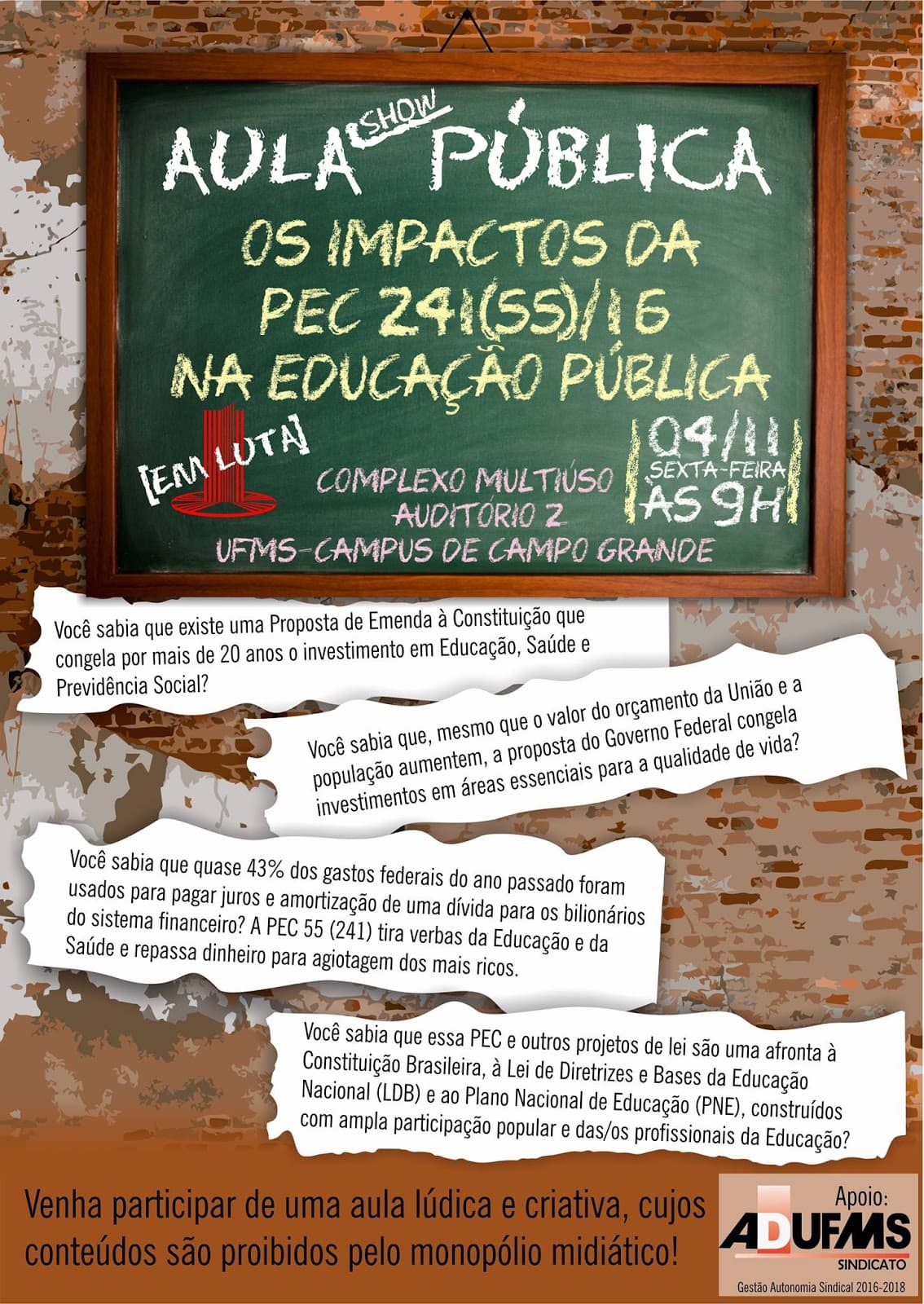 Movimentos e entidades organizam aula pública sobre a PEC 55