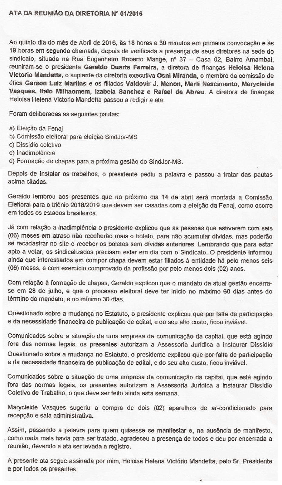 Ata de reunião de diretoria 01-2016