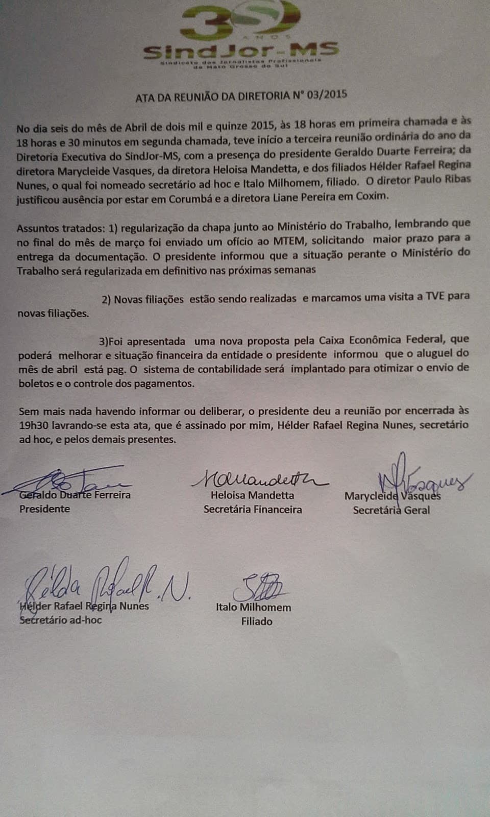 Ata da reunião da diretoria - nº 04/2015